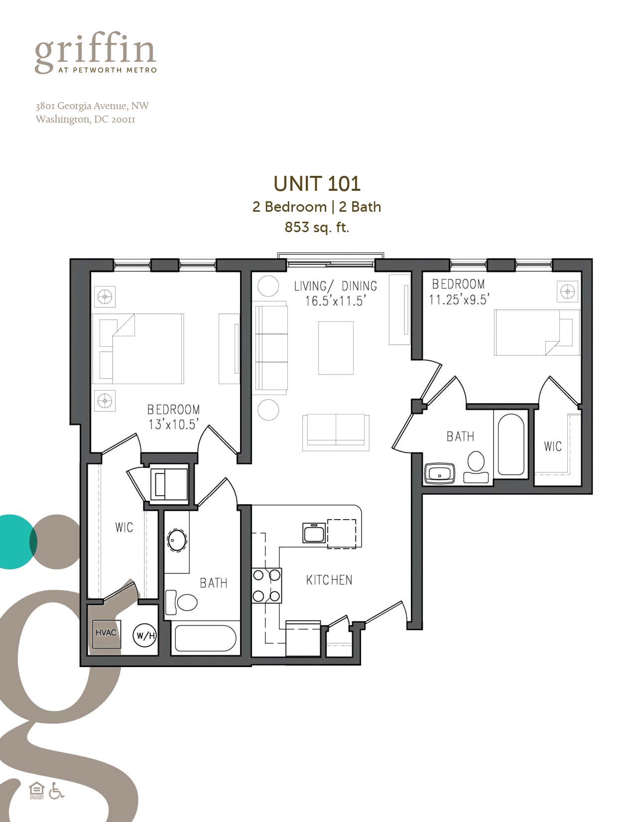Floor plan 101, two bedroom, two bath, 853 square feet