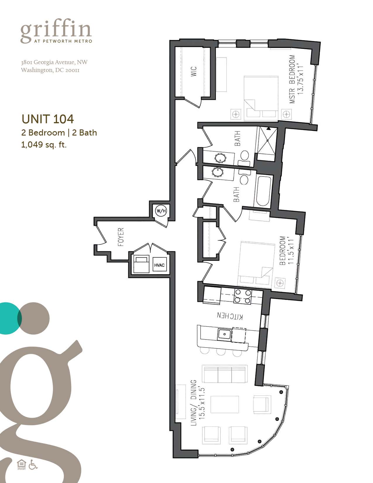 Floor plan 104, two bedroom, two bath, 1049 square feet