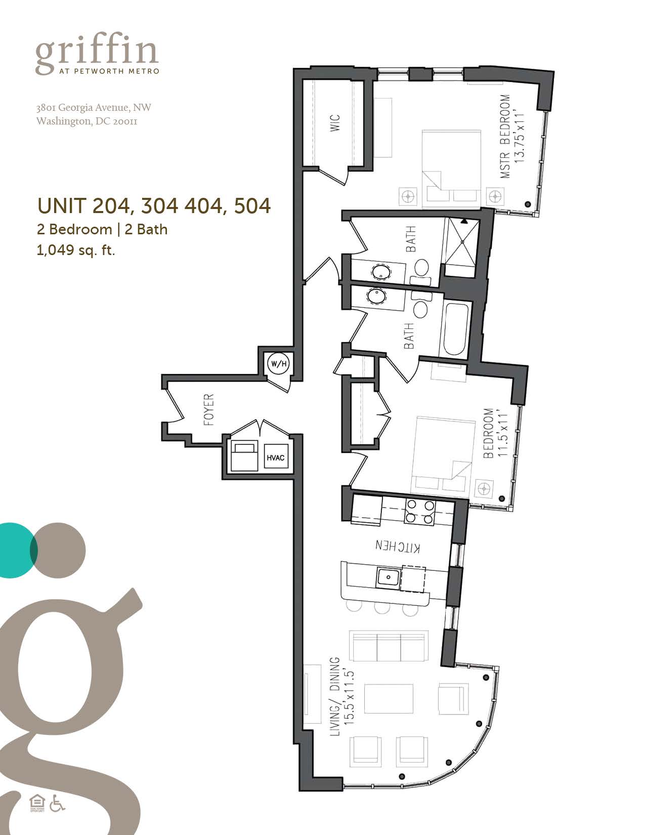 Floor plan 204 to 504, two bedroom, two bath, 1049 square feet