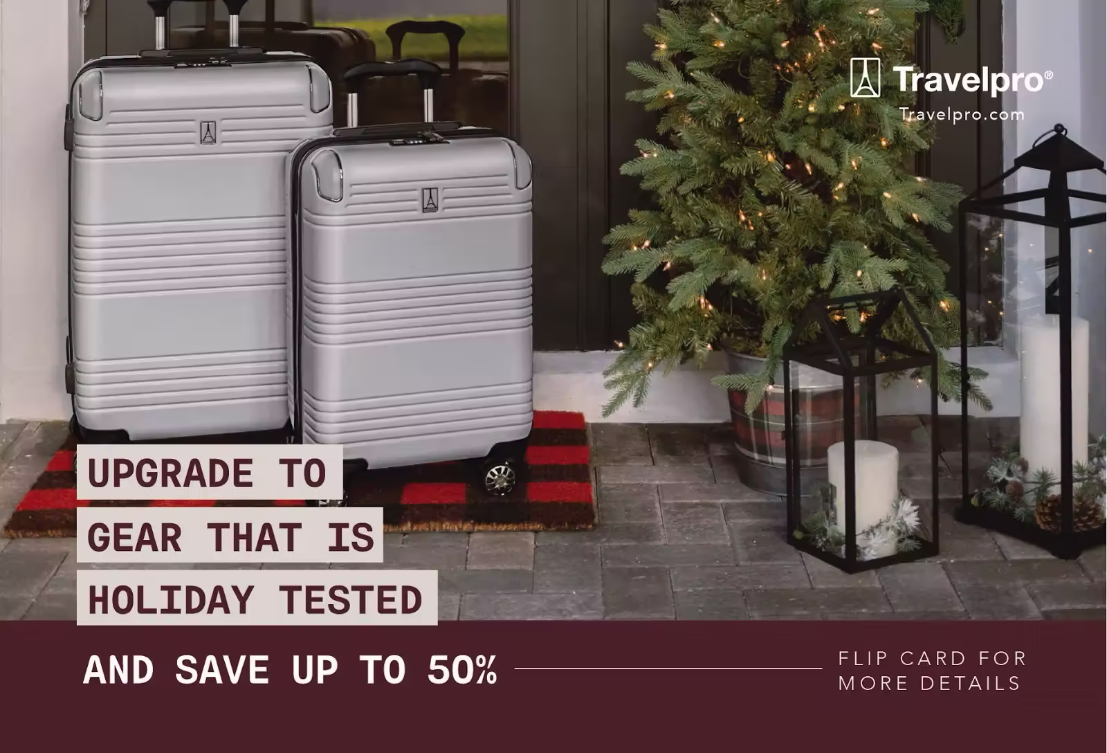 Two silver Travelpro hard-shell suitcases on a red plaid doormat beside a lit Christmas tree. Text: "Upgrade to gear that is holiday tested and save up to 50%.