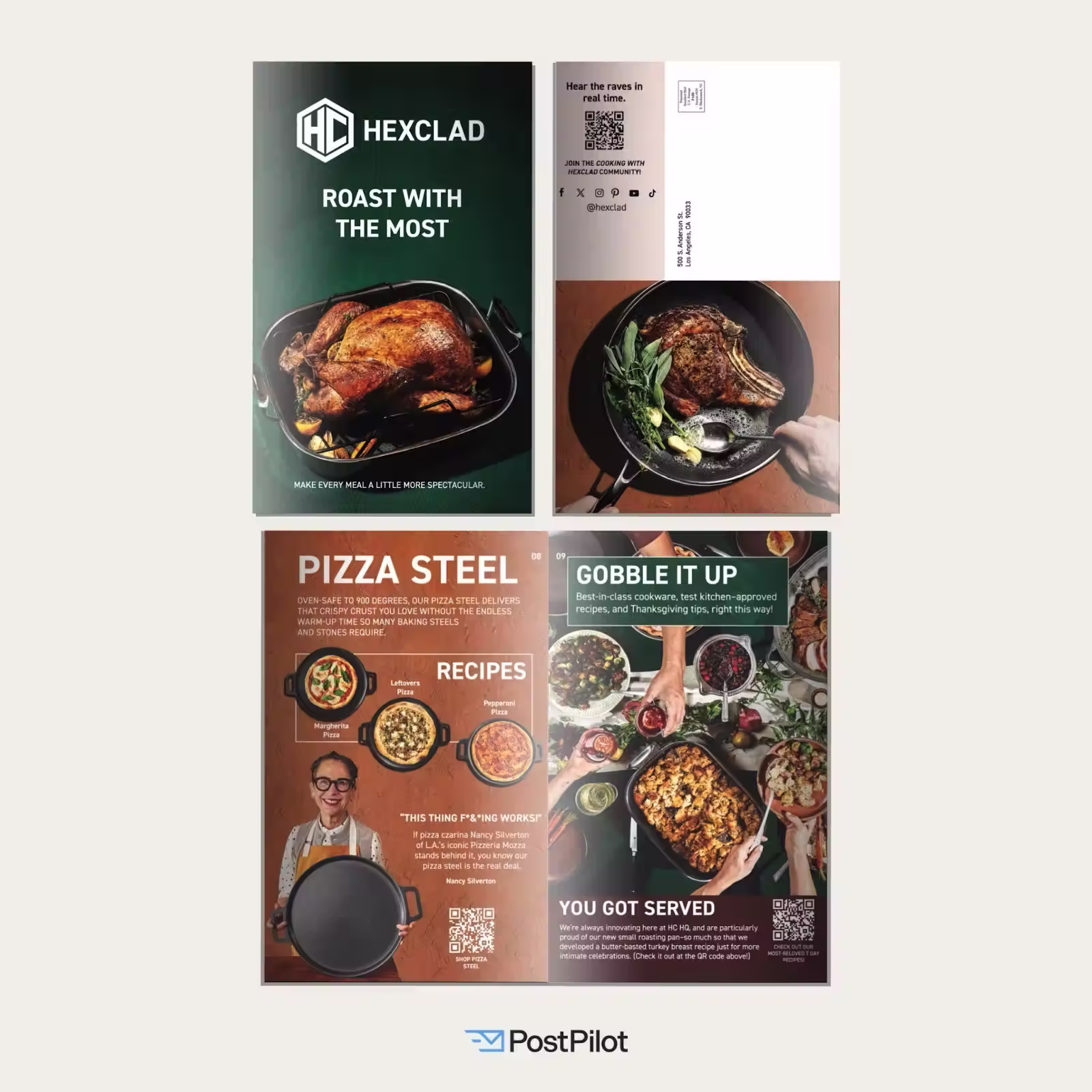 HexClad catalog spread featuring a roasted turkey in a roasting pan, pizza steel with recipe photos, and Thanksgiving-themed content. Headline: "Roast with the Most." Produced by PostPilot.