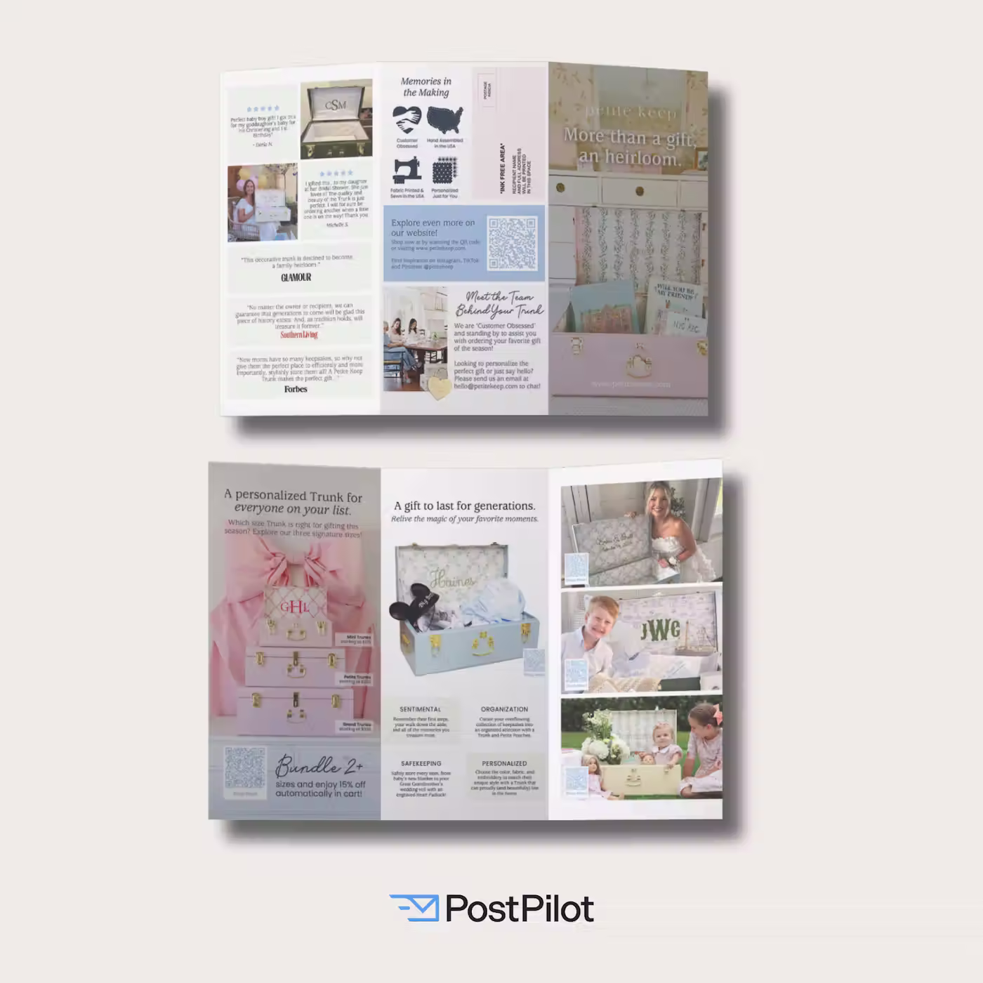 Image showing front and back of a trifold Cardalog that Petite Keep sent last BFCM season. The front says "More than a gift: an heirloom." On the interior, various product imagery shows a number of potential customers, including gifts for kids and a newlywed.