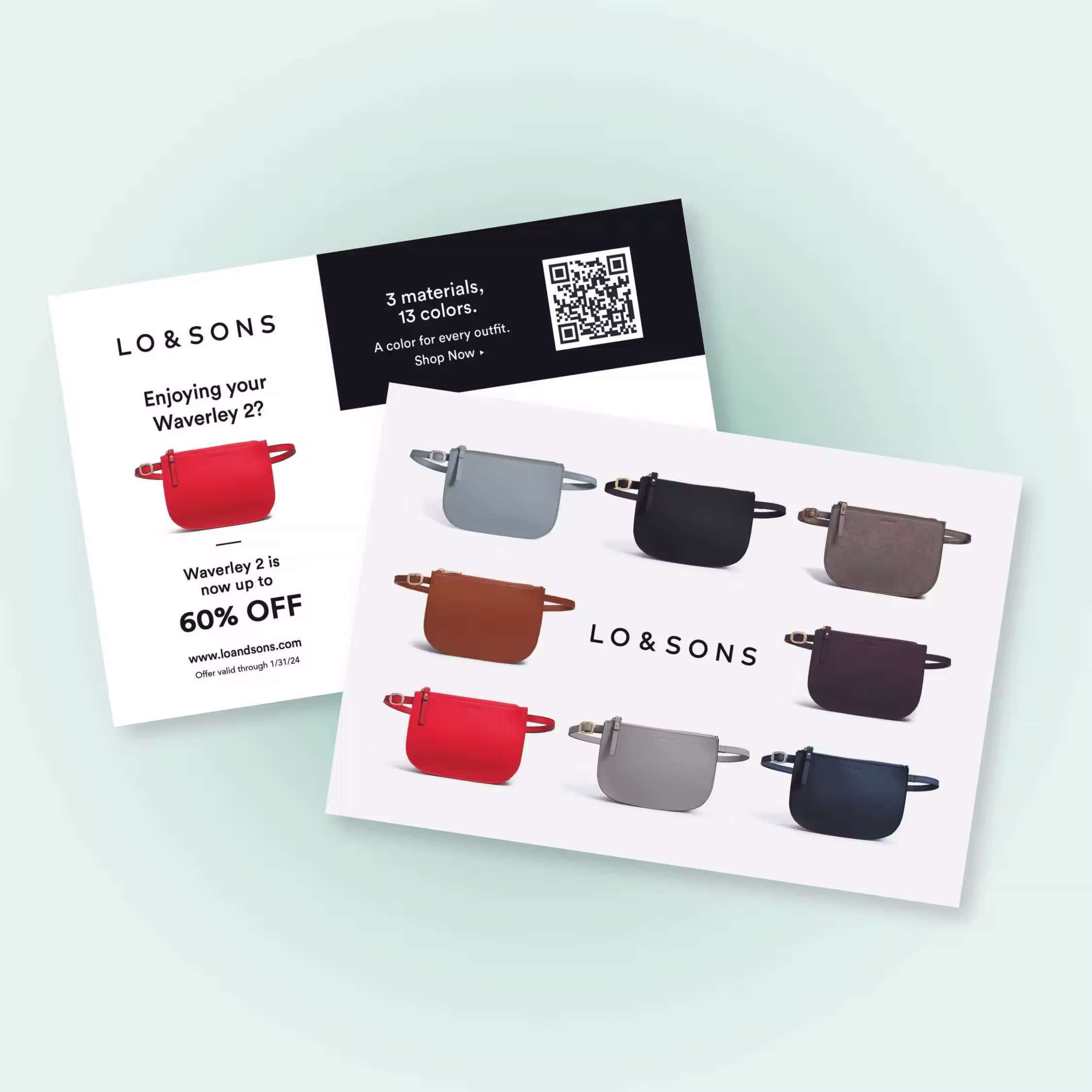Postcard from Lo & Sons promoting the Waverley 2 crossbody bag, showcasing multiple color variations including red, black, gray, and tan. The postcard highlights a limited-time offer of up to 60% off, featuring a QR code for easy shopping.