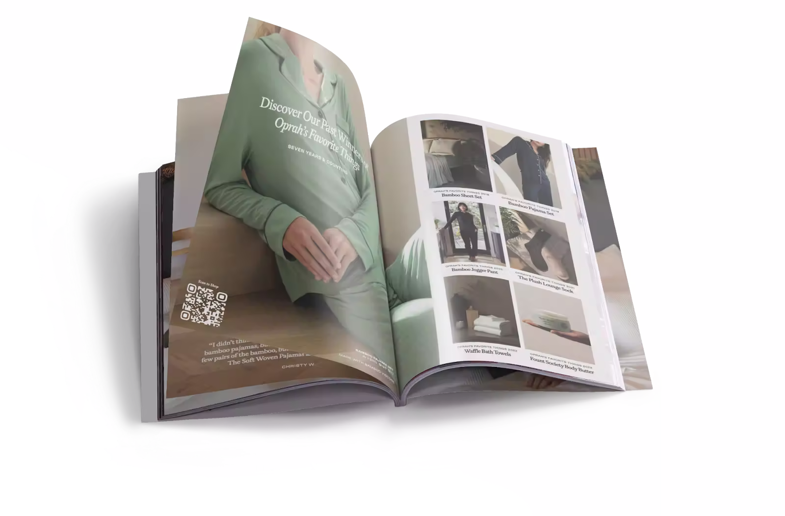 3d mockup of cozy earth's catalog created by PostPIlot, featuring pajamas and 7 product images. Opened to an inside page.