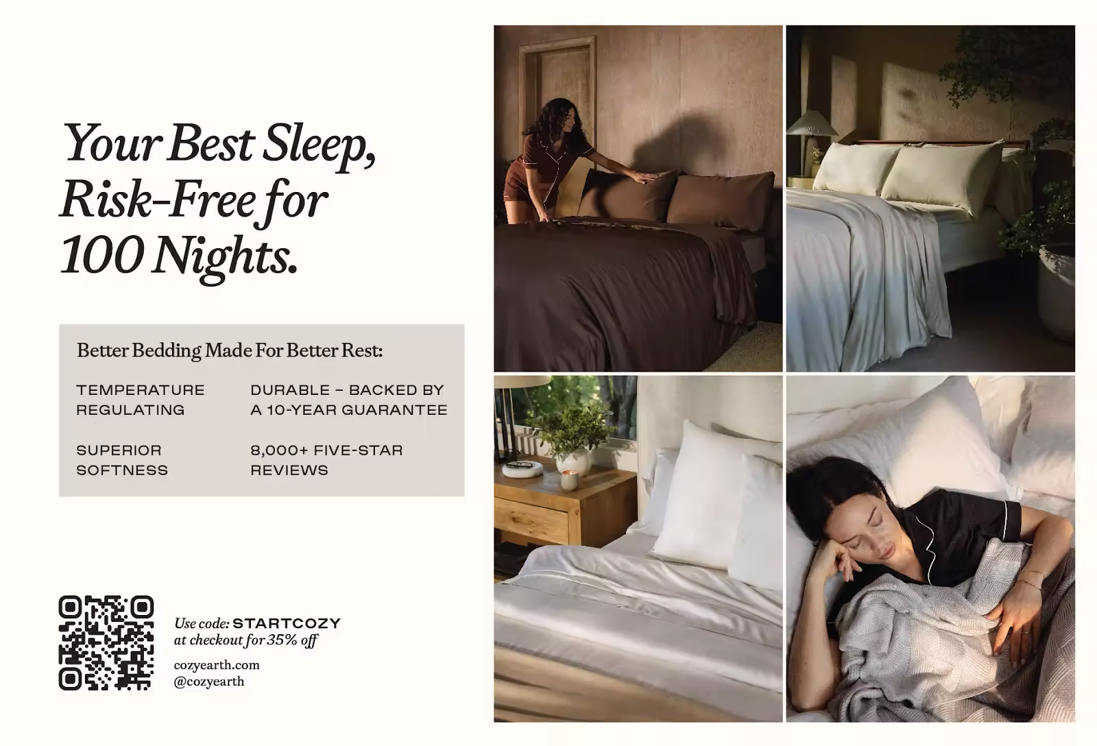 Direct mail postcard from Cozy Earth promoting risk-free bedding with a 100-night trial. Text highlights temperature-regulating fabric, superior softness, durability with a 10-year guarantee, and over 8,000 five-star reviews. Images show neatly made beds, bedding details, and a person sleeping comfortably.