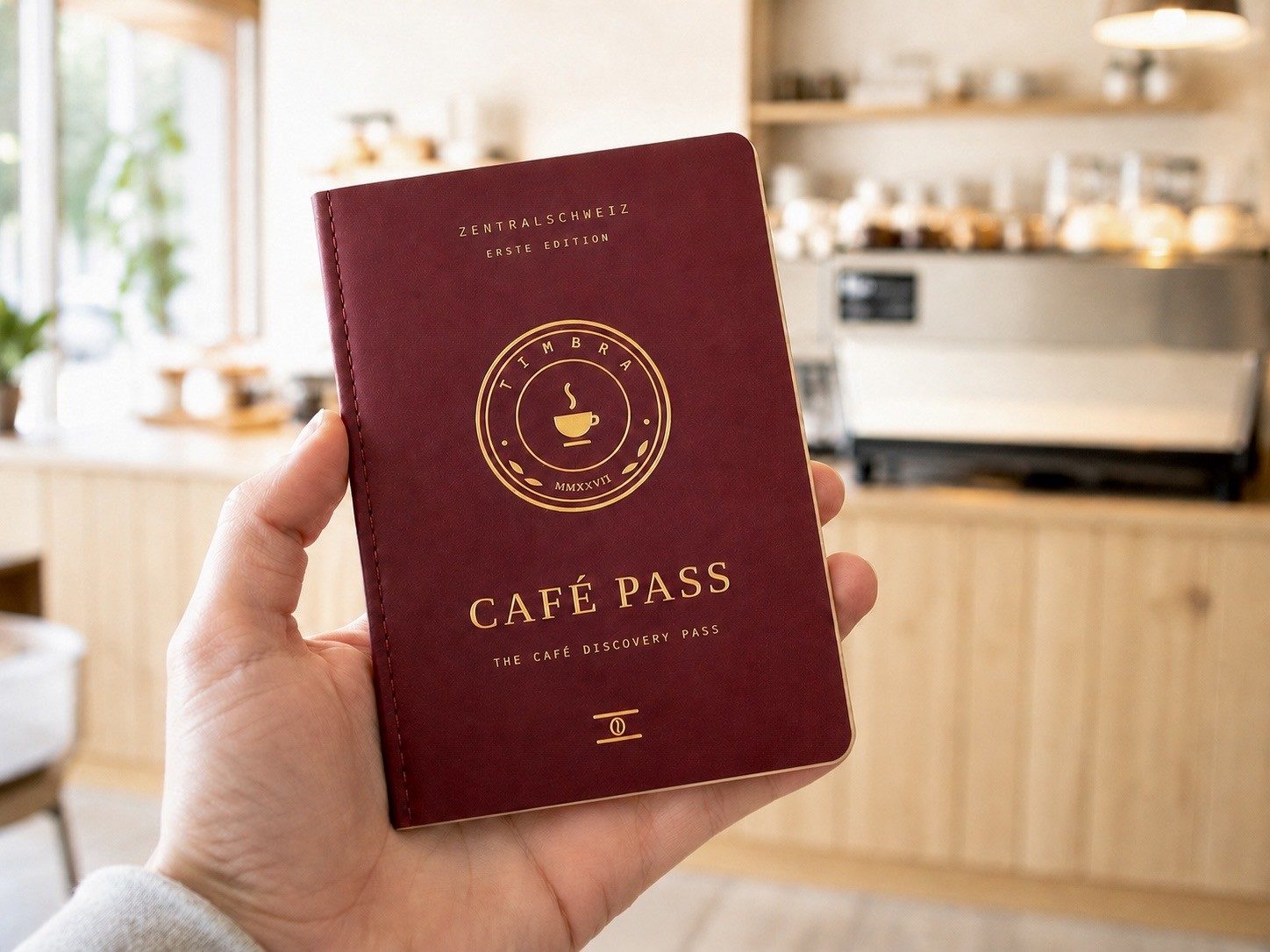 The Café Pass in hand, a café counter in the background