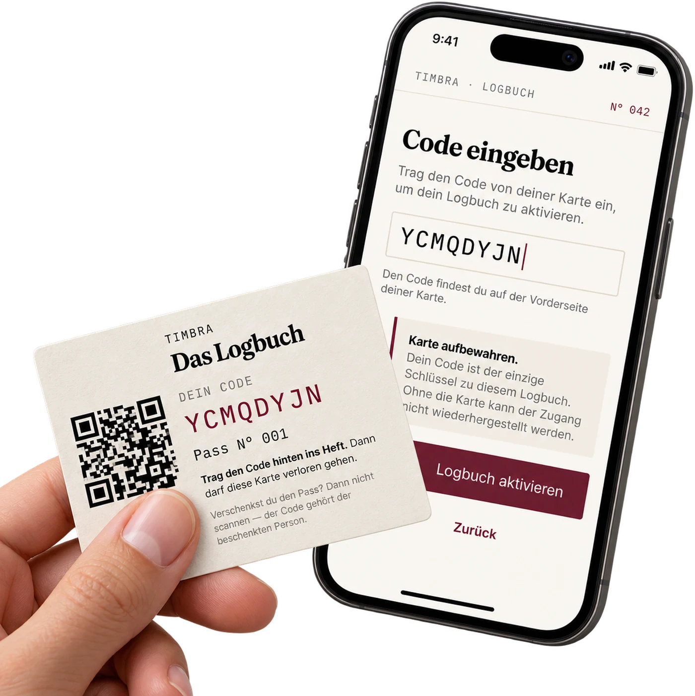 Die beigelegte Karte mit QR-Code und Code, daneben das Logbuch mit der Code-Eingabe