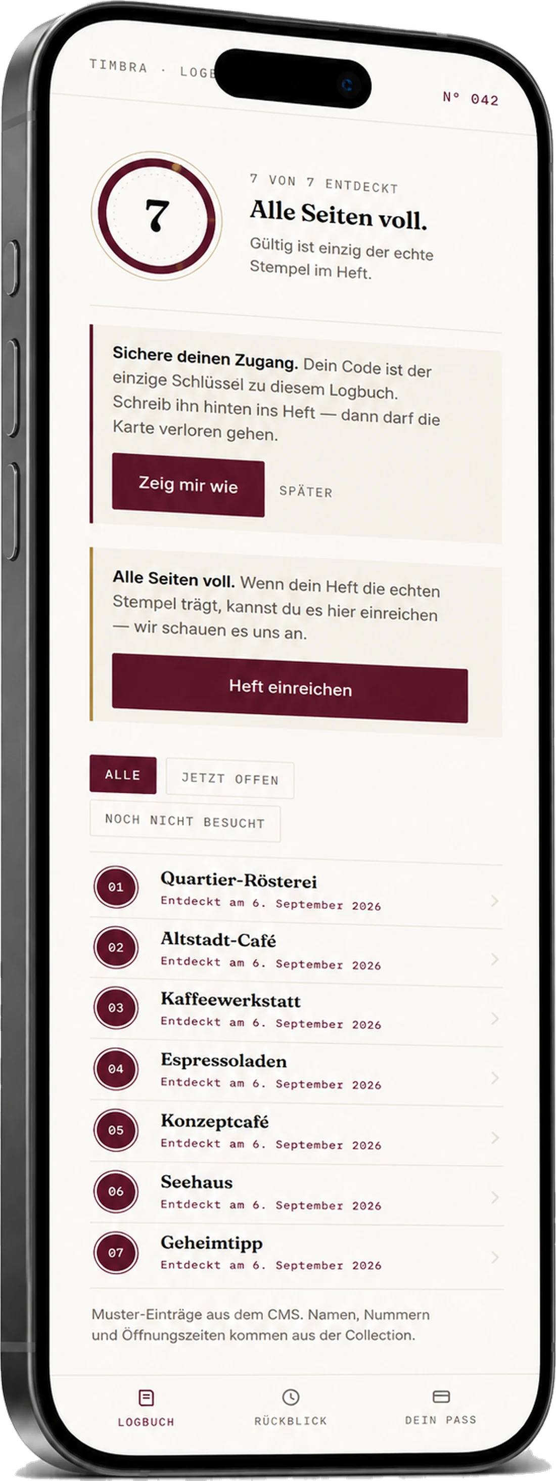 Das Logbuch mit dem Fortschritts-Rad und der Liste der Caf&eacute;s