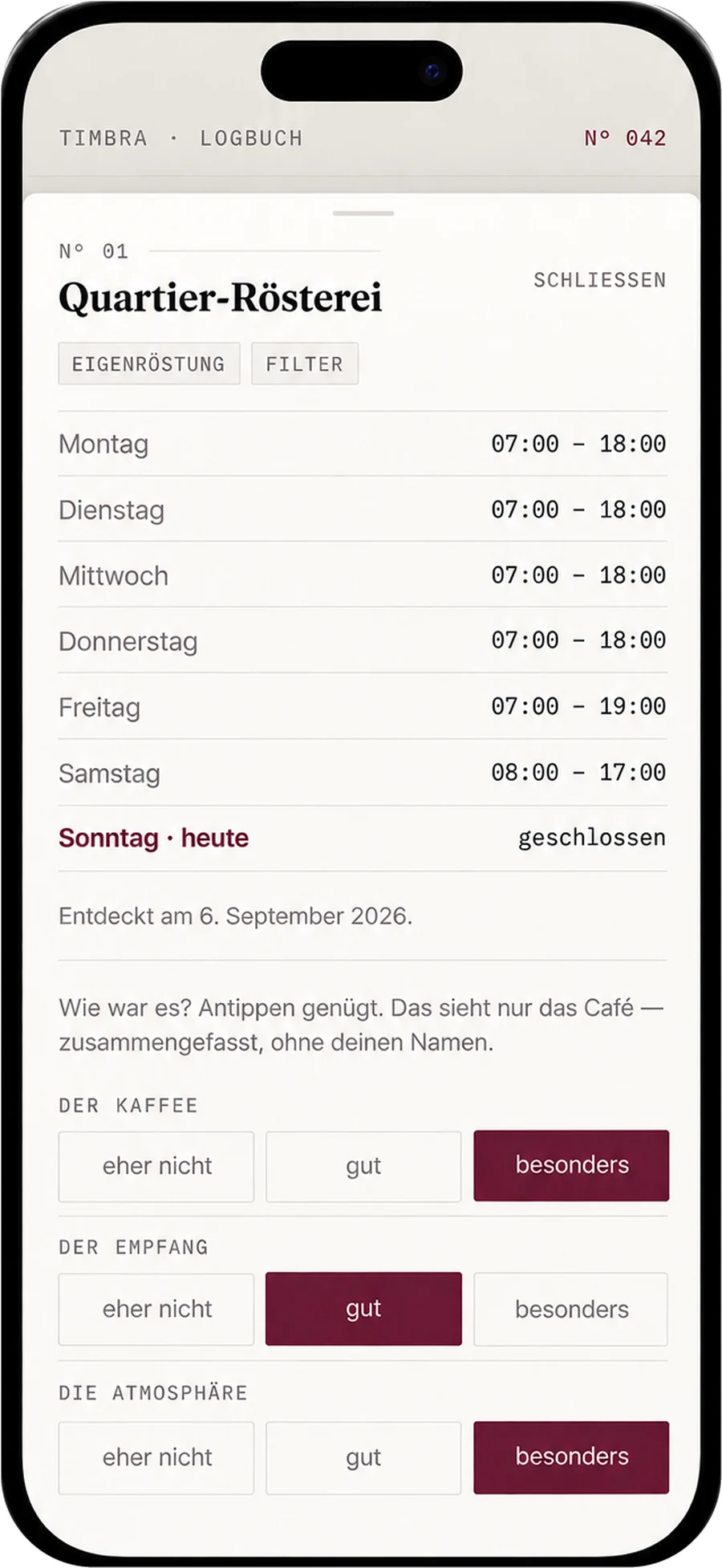 Ein Caf&eacute; im Logbuch: &Ouml;ffnungszeiten und die vier Fragen