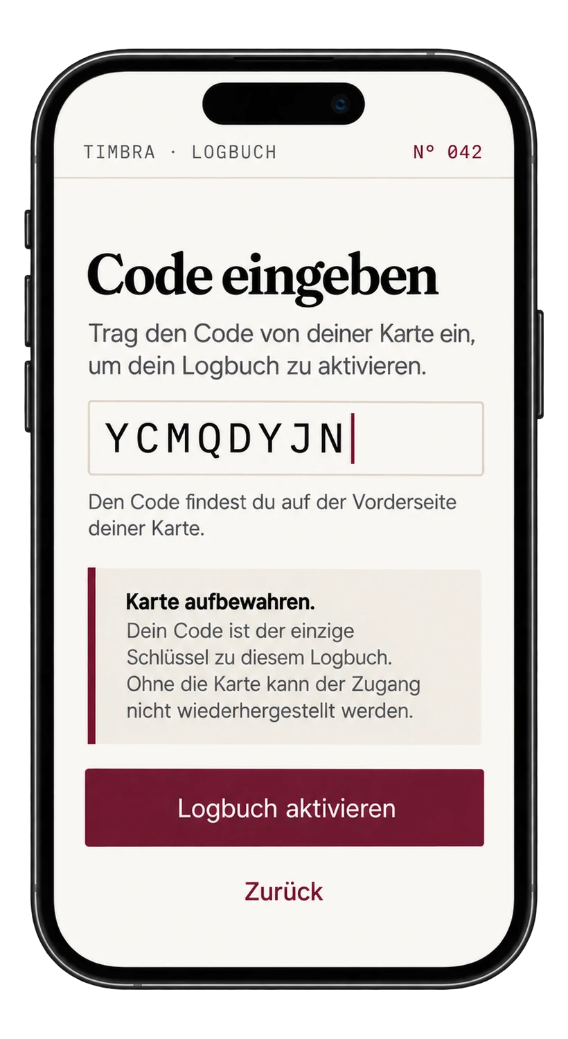 The &laquo;enter code&raquo; screen in the Logbook