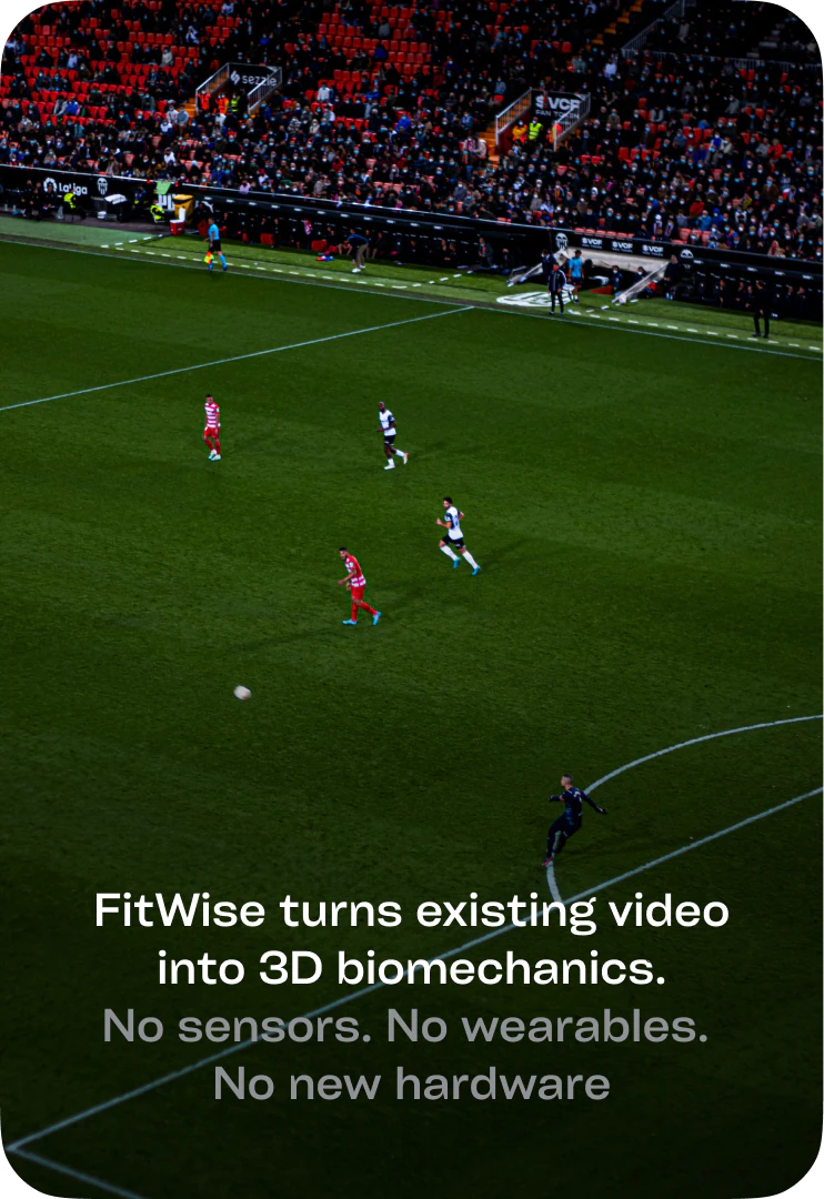 Broadcast view of a football match from above. FitWise turns existing video into 3D biomechanics. No sensors. No wearables. No new hardware.