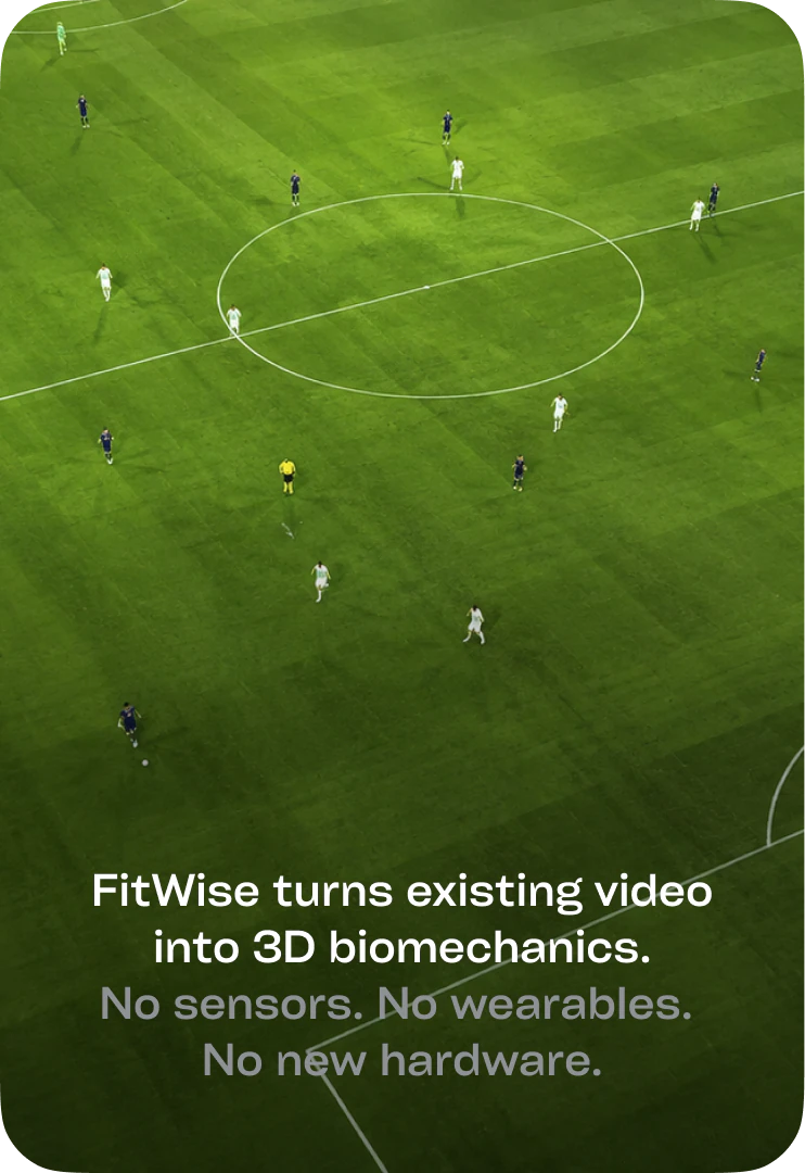 Broadcast view of a football match from above. FitWise turns existing video into 3D biomechanics. No sensors. No wearables. No new hardware.