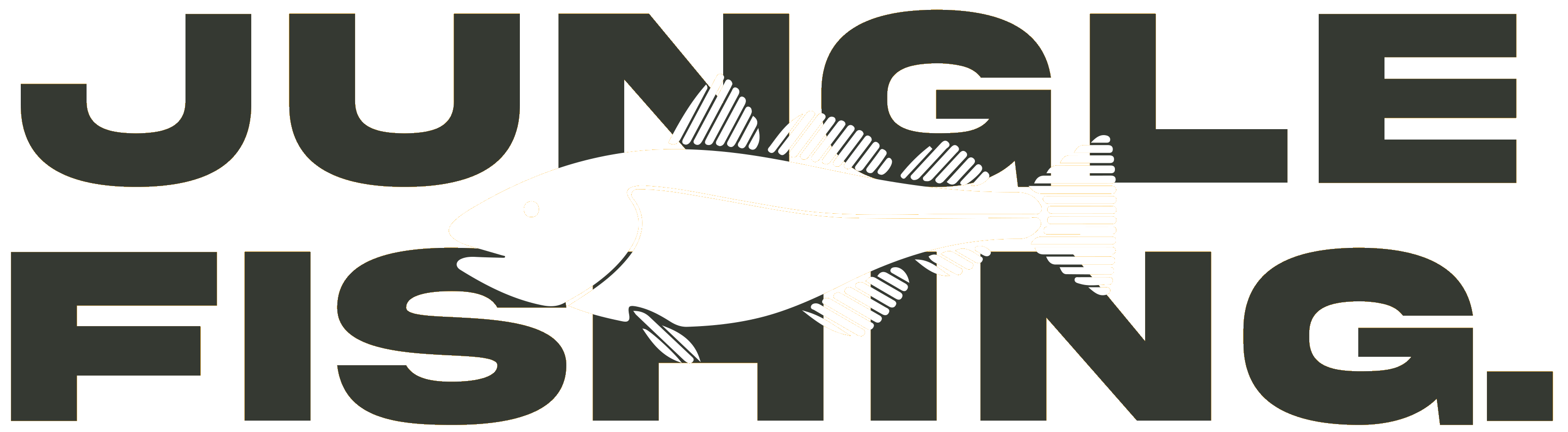 White stylized fish illustration overlapping bold text reading jungle fishing.