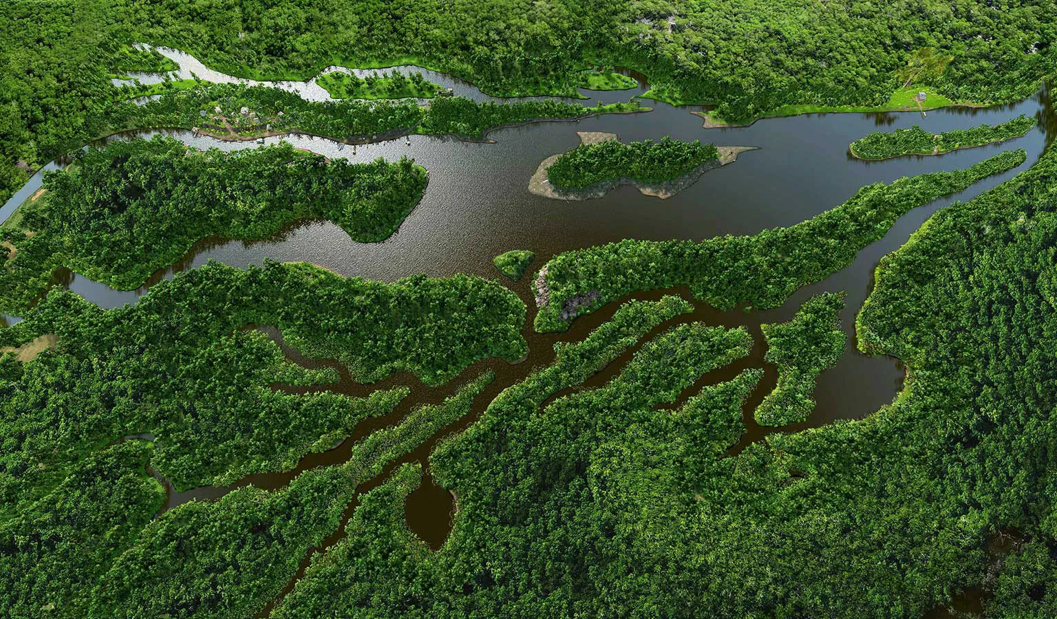 Aerial view of a river winding through dense green tropical forest with multiple small islands and channels.