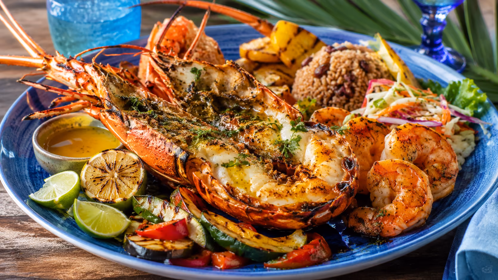 Grilled Caribbean lobster with lime and vegetables served on a blue plate