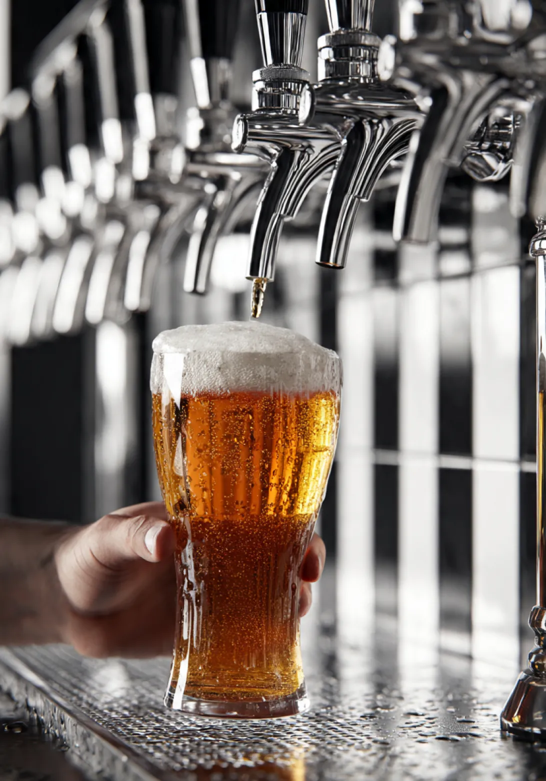 Verre de bière ambrée en train d'être rempli au robinet dans un bar.