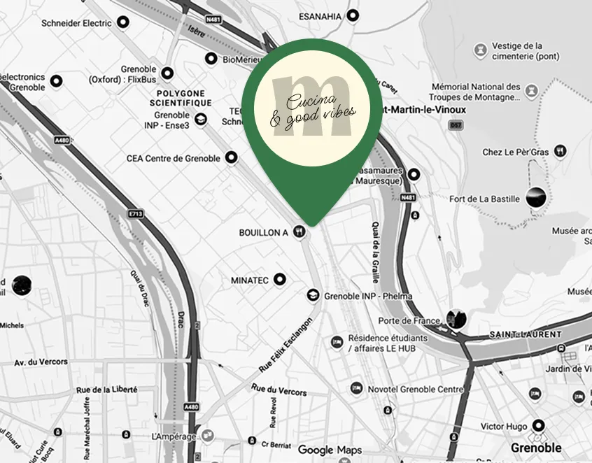Carte de Grenoble avec une épingle indiquant un lieu nommé Montigami, avec texte Cucina & good vibes.