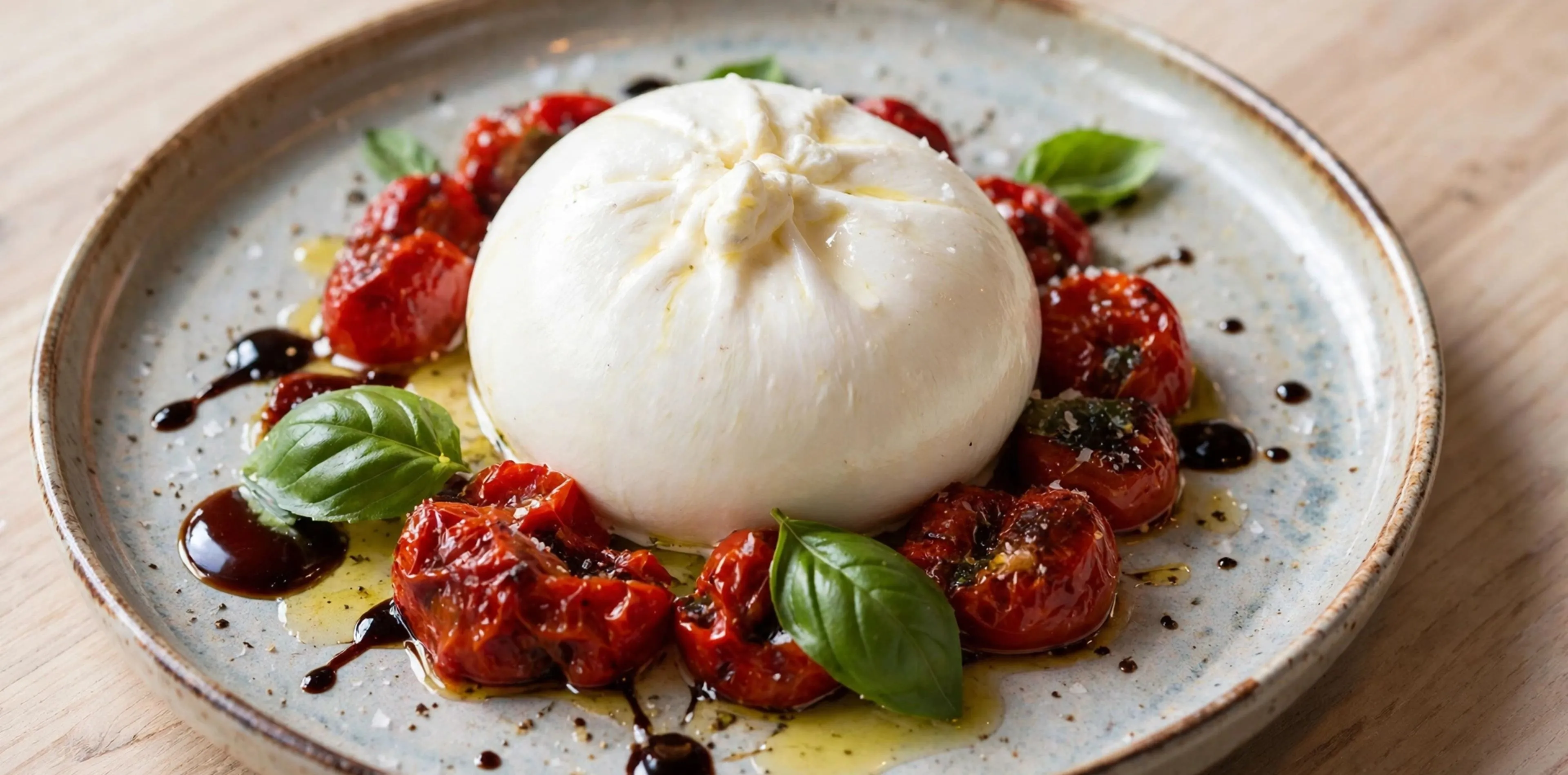 Burrata entourée de tomates rôties, basilic et huile d'olive sur une assiette en céramique.