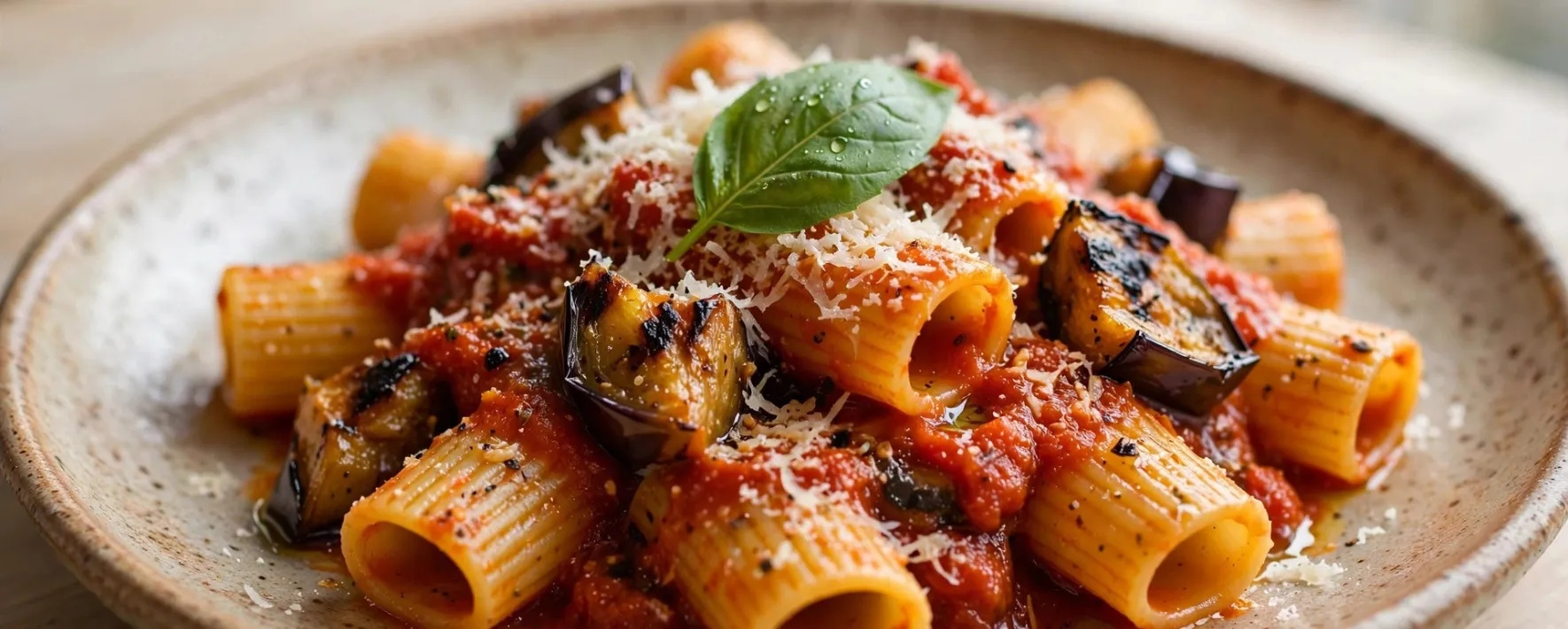 Assiette de rigatoni avec sauce tomate, aubergines grillées, fromage râpé et feuille de basilic.