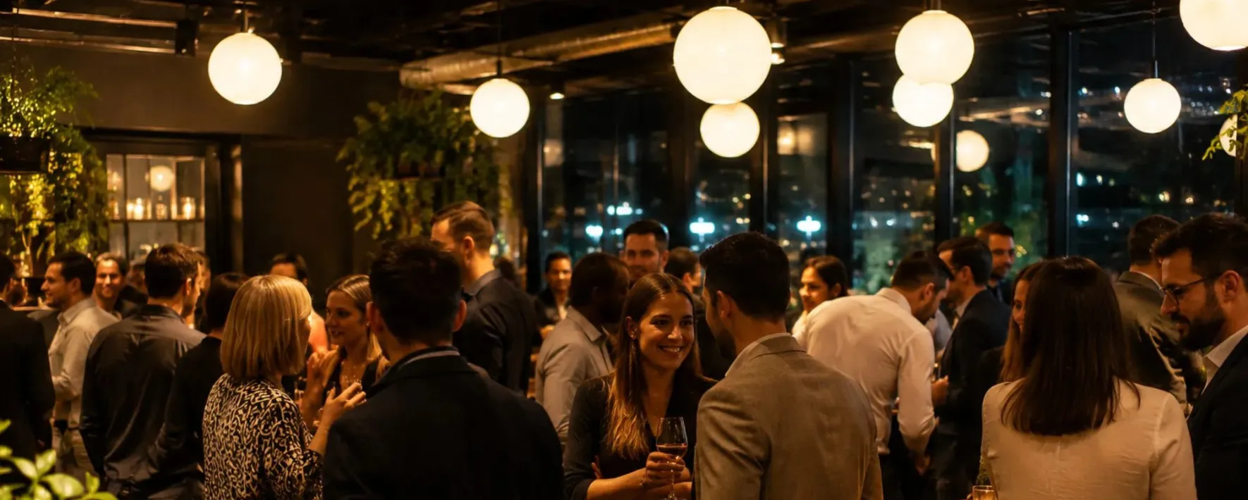 Gens discutant et tenant des verres dans un espace moderne et éclairé aux lampes rondes.