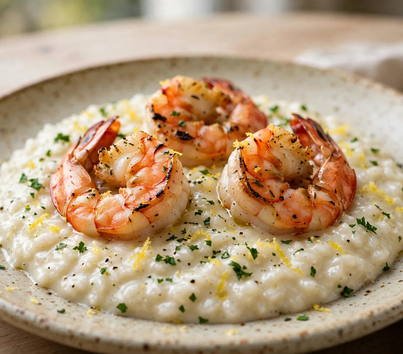 Risotto crémeux garni de trois gambas grillées, parsemé de fines herbes et zestes de citron.