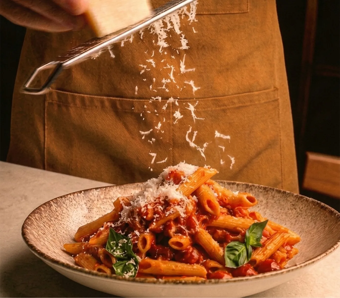 Pâtes penne sauce tomate garnies de feuilles de basilic et de fromage râpé tombant dessus.