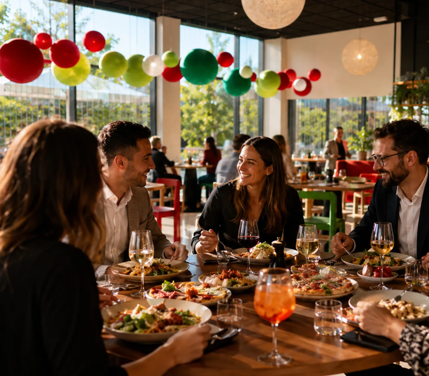 Quatre personnes souriantes dégustant un repas dans un restaurant lumineux avec décorations colorées suspendues.