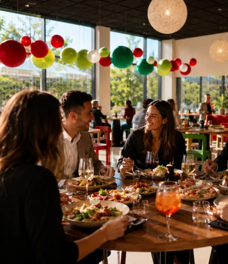 Des amis souriants dînant ensemble avec des plats variés et des boissons dans un restaurant décoré.