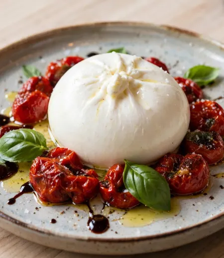 Burrata entourée de tomates rôties, basilic, huile d'olive et réduction balsamique sur une assiette.