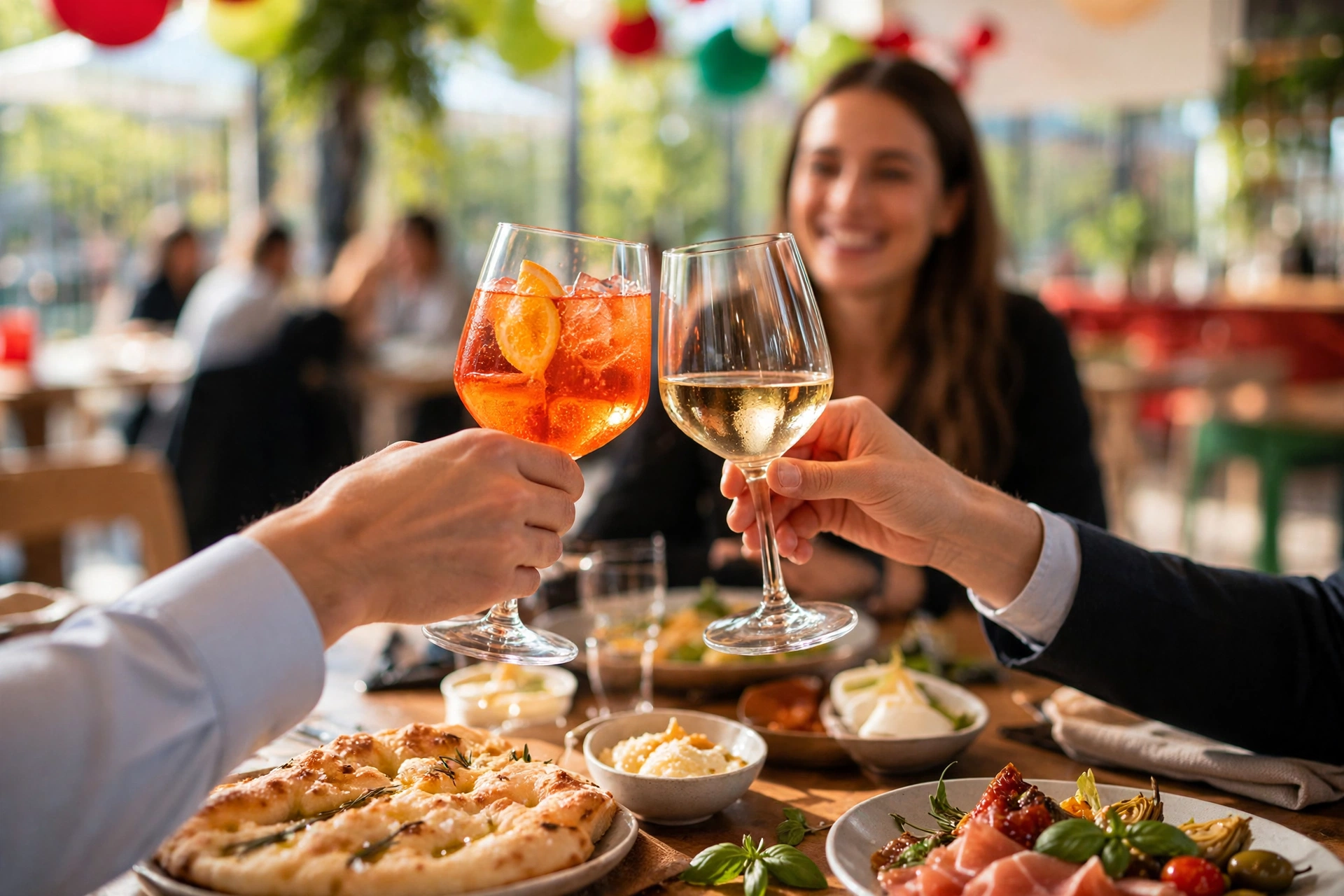 Deux personnes trinquent avec un verre de vin blanc et un cocktail orange, repas italien sur la table.