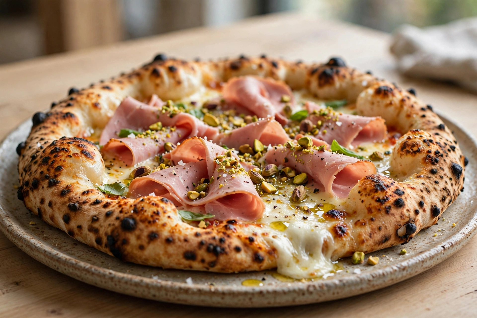 Pizza napolitaine avec mozzarella fondue, tranches de mortadelle et pistaches hachées sur assiette.