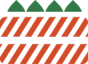 Quatre feuilles vertes au-dessus de deux rangées de diagonales orange sur fond noir.