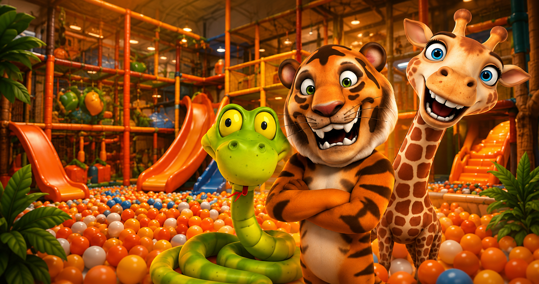 Fröhliche cartoon-Tiere Schlange, Tiger und Giraffe in einem bunten Bällebad mit Rutschen.