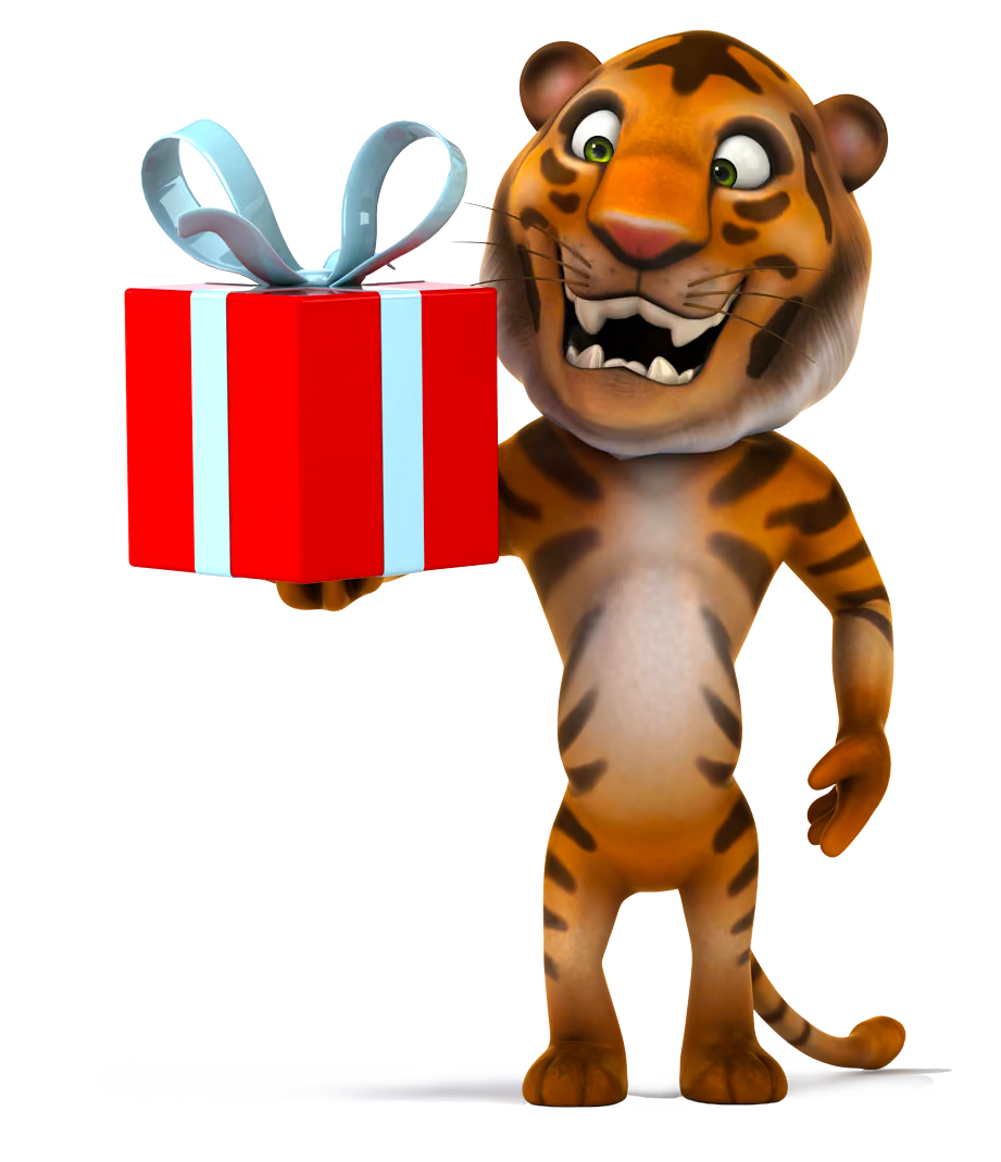 Lustiger Tiger hält ein rotes Geschenk mit weißem Band und silberner Schleife.