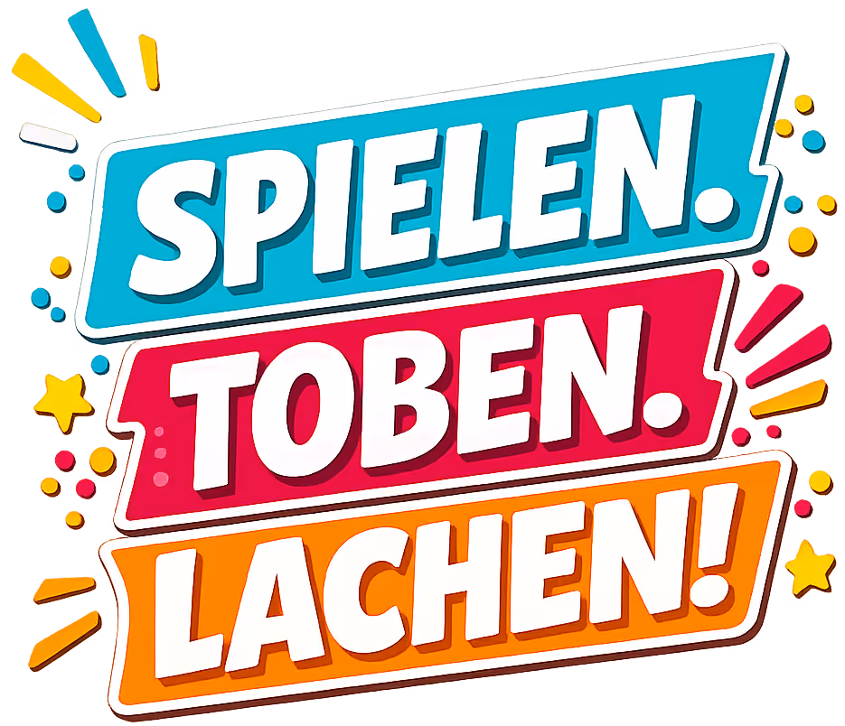 Bunte Schrift: SPIELEN. TOBEN. LACHEN! mit Sternen und Punkten verziert.