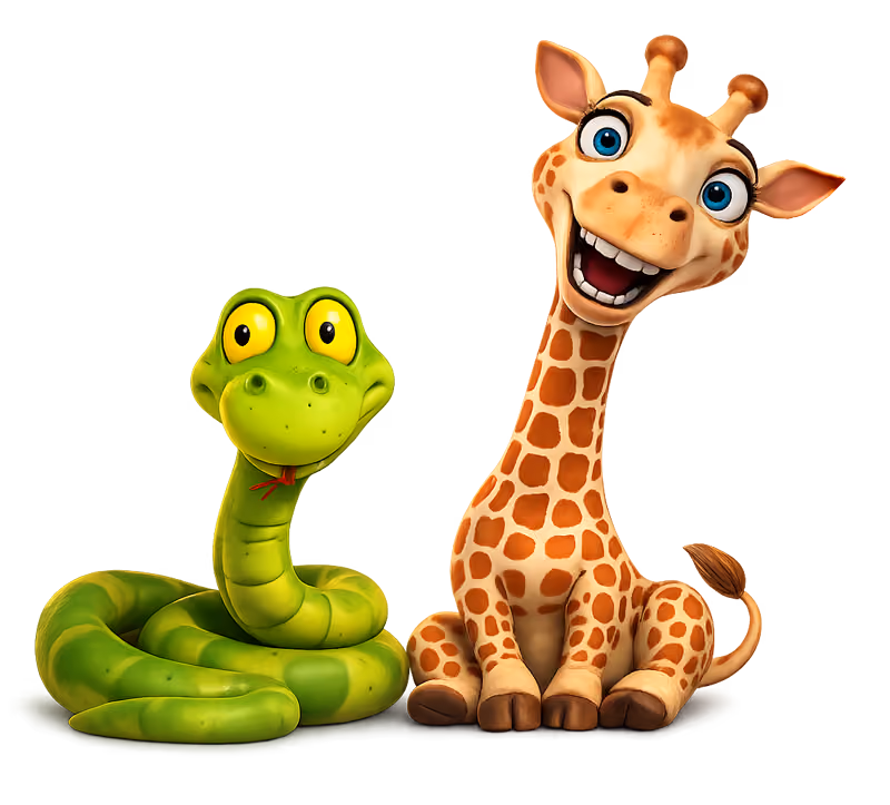 Lachende animierte Giraffe neben lächelnder grüner Cartoon-Schlange auf grünem Hintergrund.
