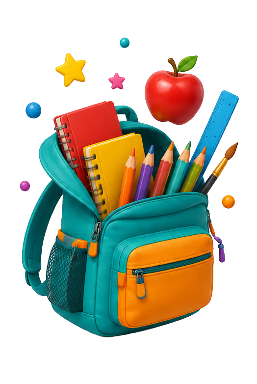 Schultasche mit bunten Stiften, Lineal, Pinseln, Notizbüchern und einem roten Apfel darüber.