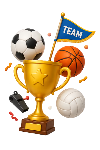 Gold trophy with star and team flag surrounded by soccer ball, basketball, volleyball, and whistle.