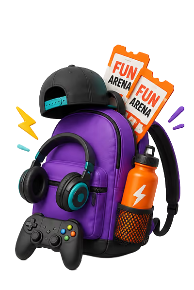 Purple backpack with black cap, headphones, game controller, orange water bottle, and two Fun Arena tickets.
