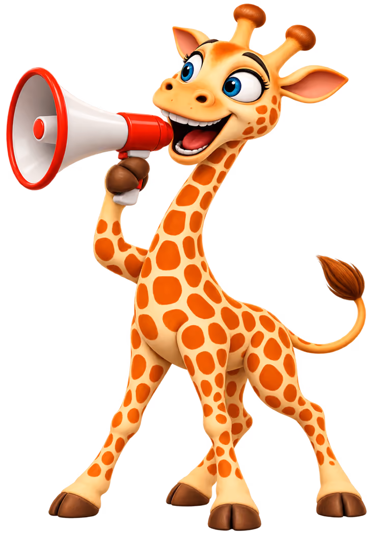Fröhliche Giraffe mit orangebraunen Flecken hält ein Megafon und lächelt breit.