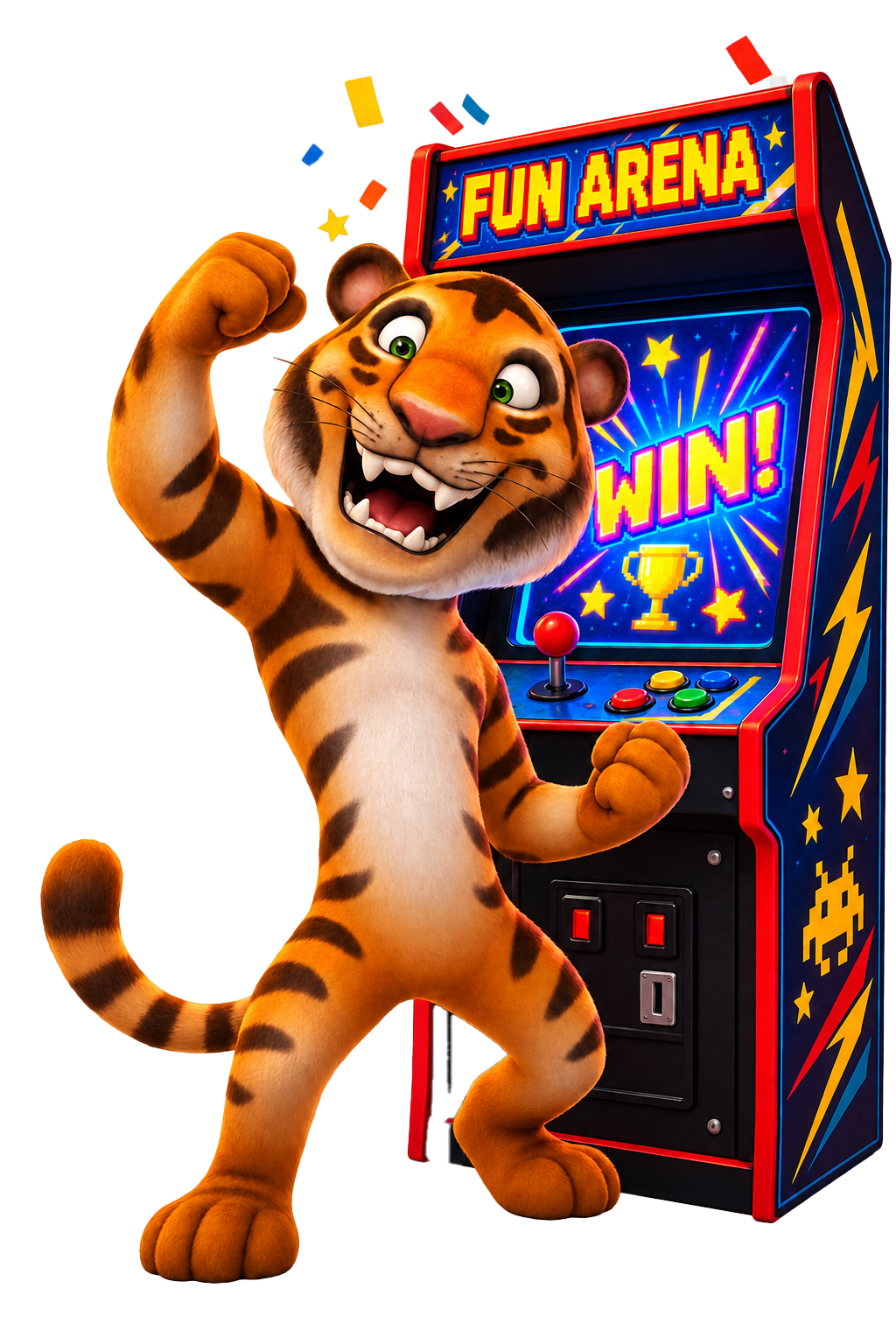 Fröhlicher Tiger feiert Sieg vor einem Arcade-Spielautomat mit Schriftzug FUN ARENA und WIN.
