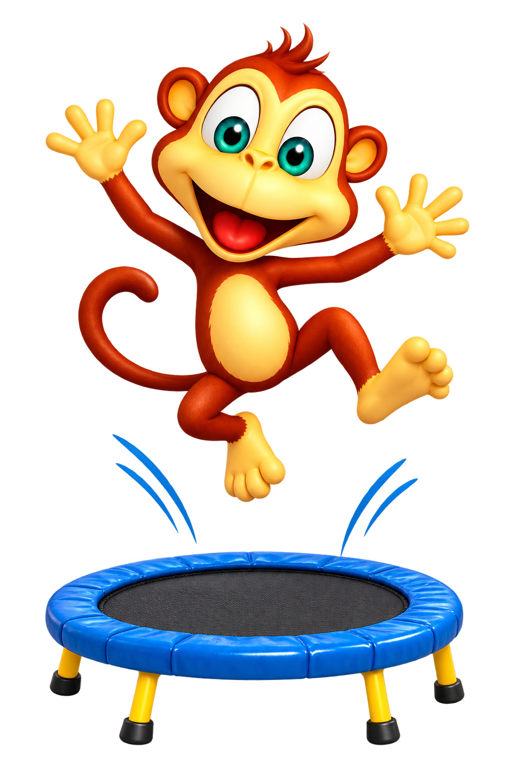 Fröhlicher Cartoon-Affe mit großen Augen springt auf blauem Trampolin mit gelben Beinen.