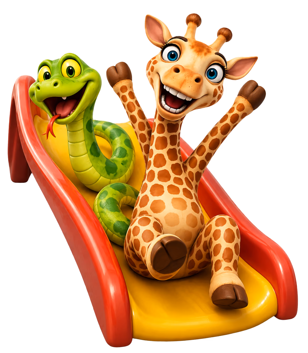 Glückliche Giraffe und lächelnde Schlange rutschen zusammen die rote und gelbe Rutsche hinunter.
