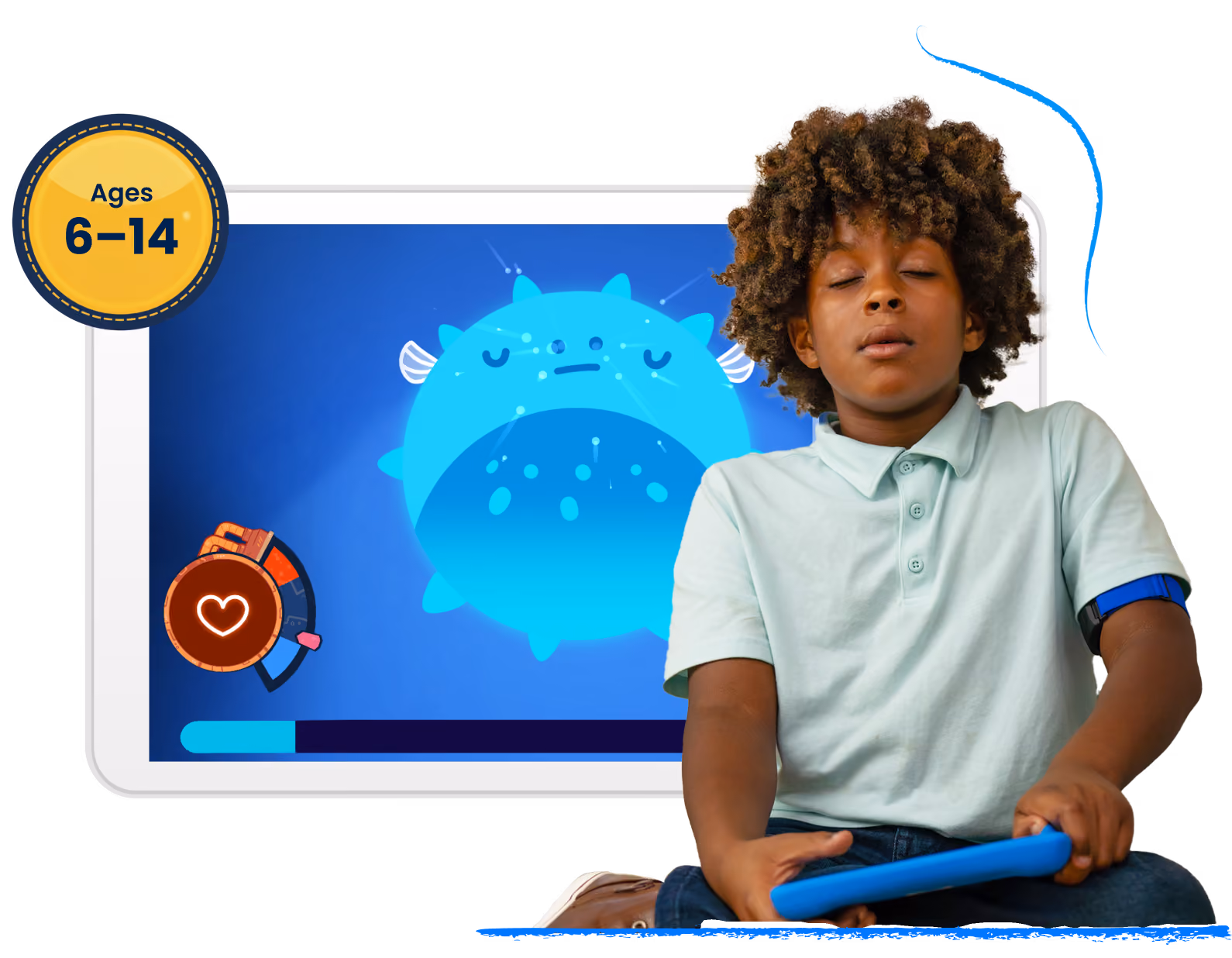Child with eyes closed holding a tablet, sitting in front of a game screen with a blue animated character.