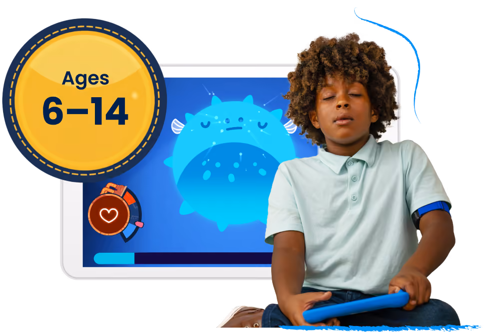 Child with eyes closed holding a tablet, sitting in front of a game screen with a blue animated character.