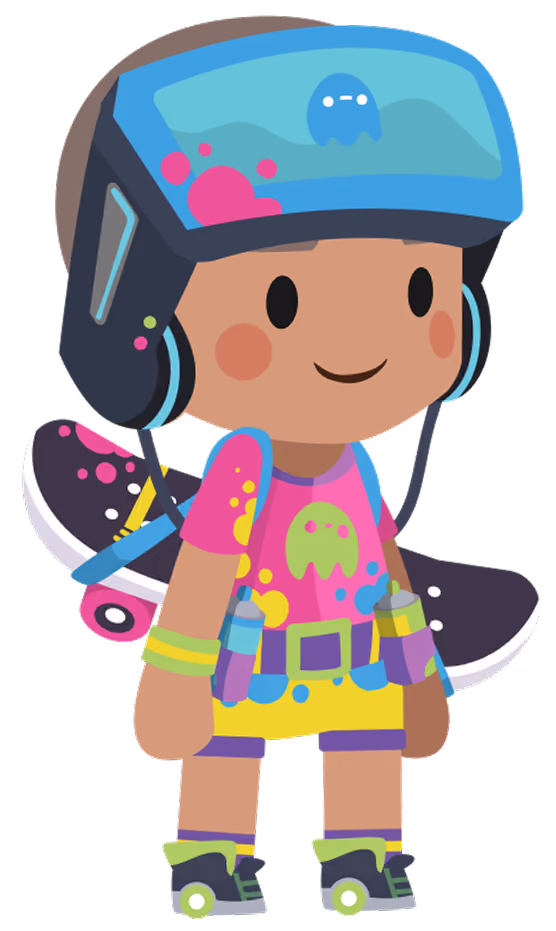 Cartoon character with helmet, roller skates, and skateboard on back, wearing colorful outfit with splashes.