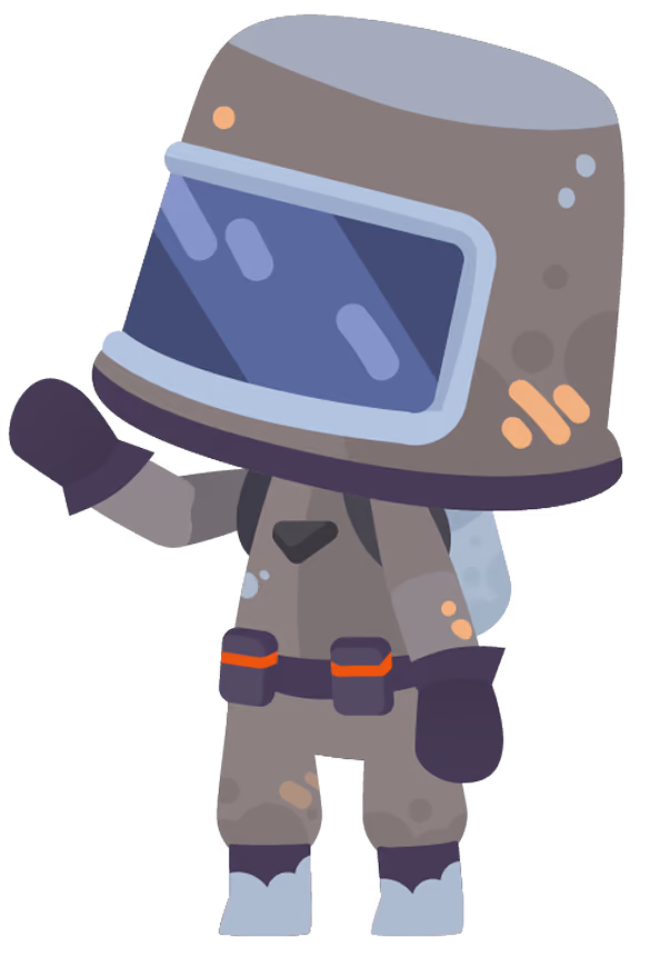 Cartoon character in a gray hazmat suit with a large helmet waving with one gloved hand.