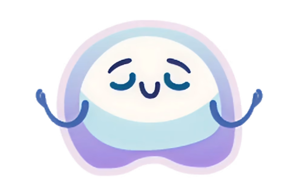 Calm blue and purple smiling character with closed eyes and raised arms.