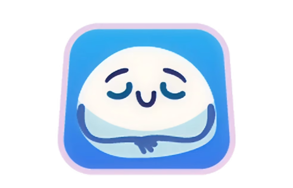 Blue square icon with a smiling white character hugging itself with closed eyes.