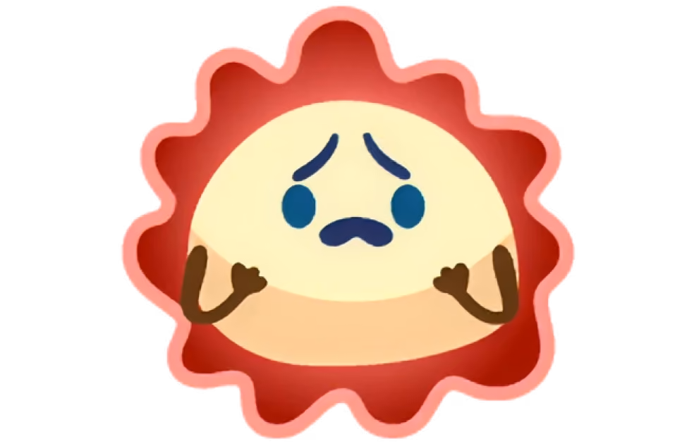 Cartoon red with a sad face and raised hands expressing worry or fear.